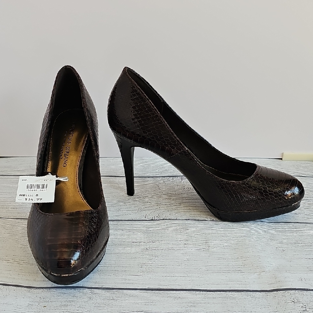 NWT Christian Siriano Brown Patent Leather Croc Heels Size 8